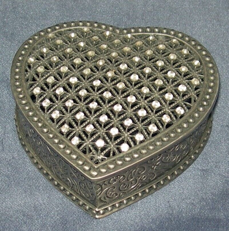 TWA Vintage Pewter HEART SHAPED Trinket Ring Box with Rhinestones w/ Tag