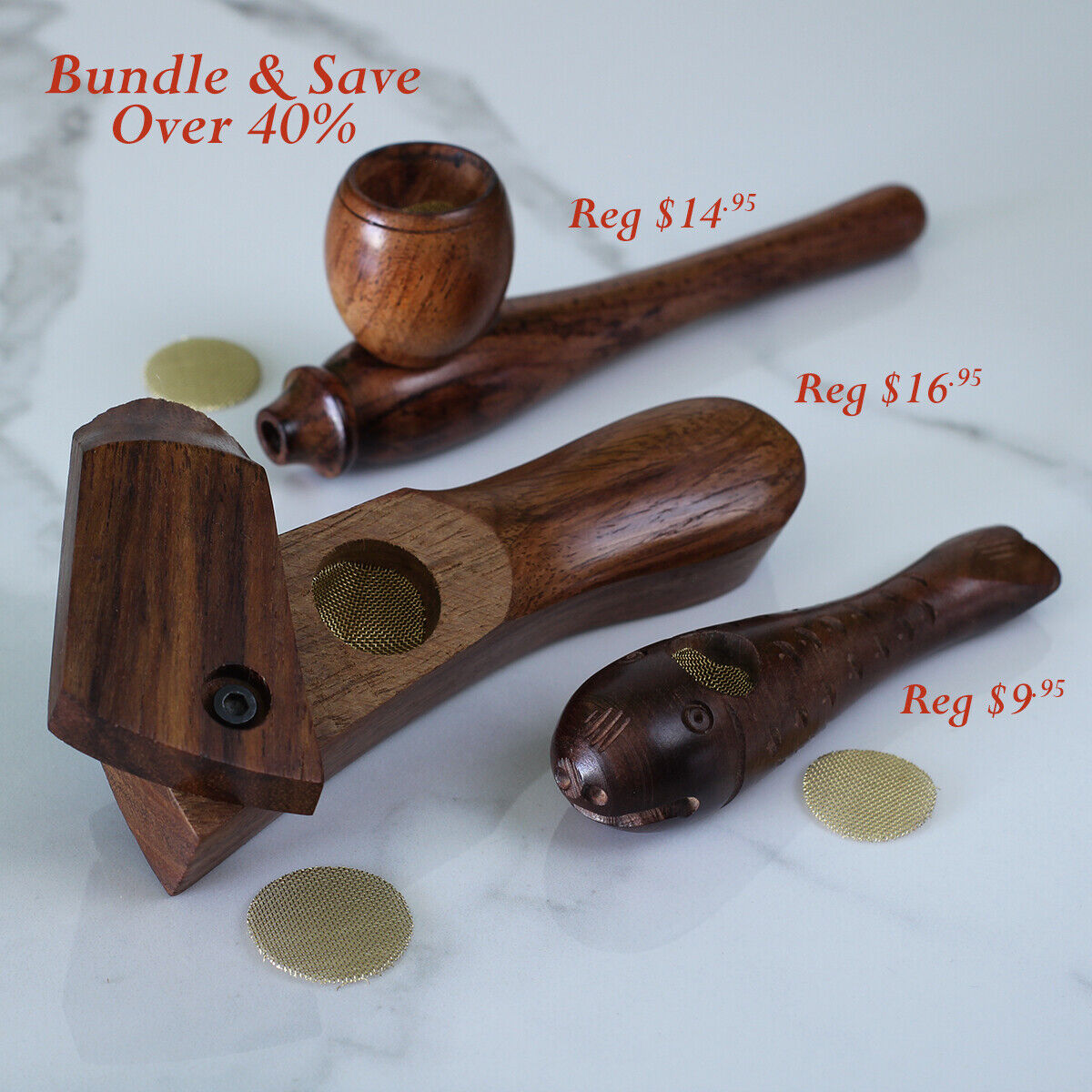 BUNDLE Curved, Esquisite, & Fishy, Premium Wood Hand Crafted Smoking Pipes