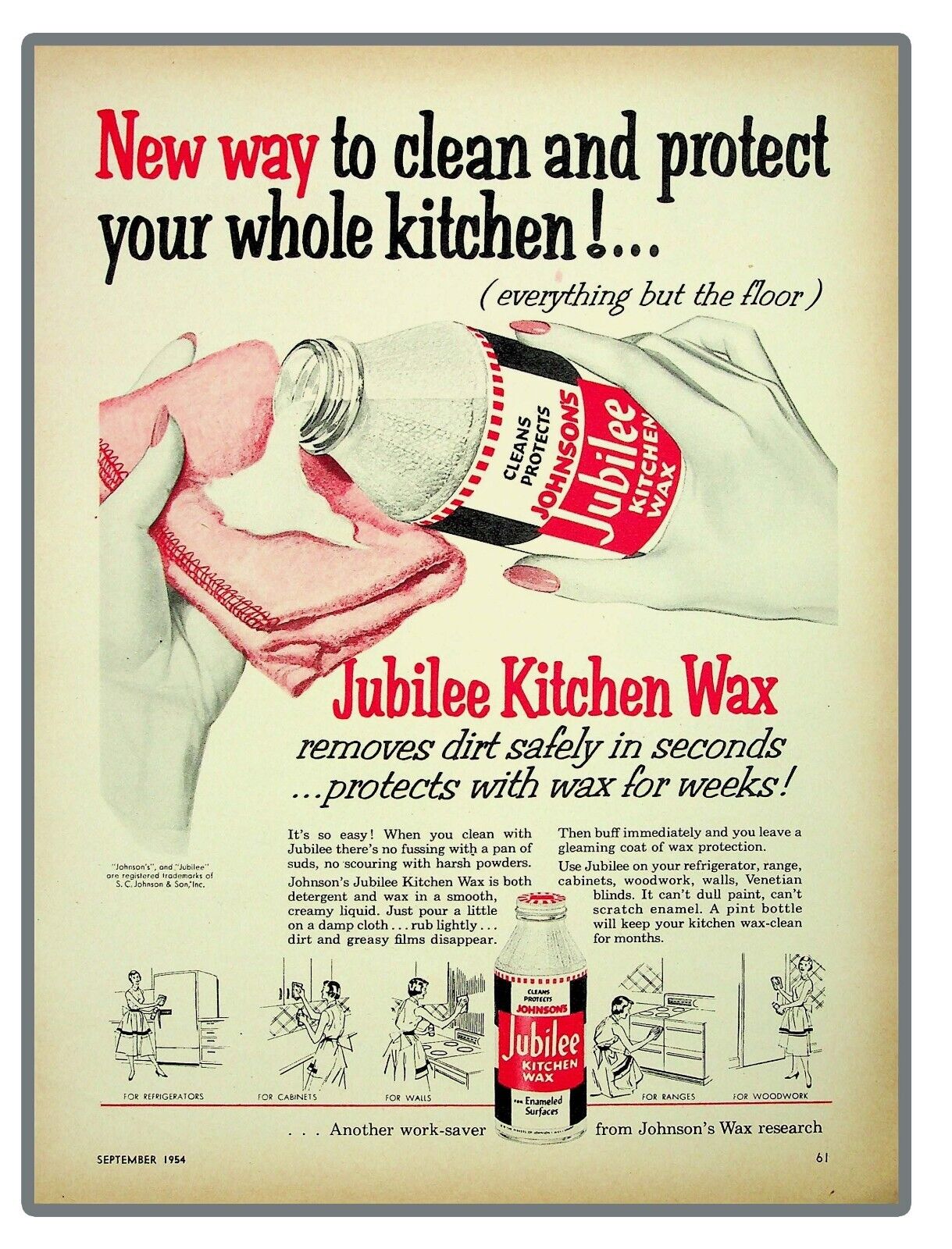 Johnson\'s Jubilee Kitchen Wax To Clean and  Protect 1954 Vintage Print Ad