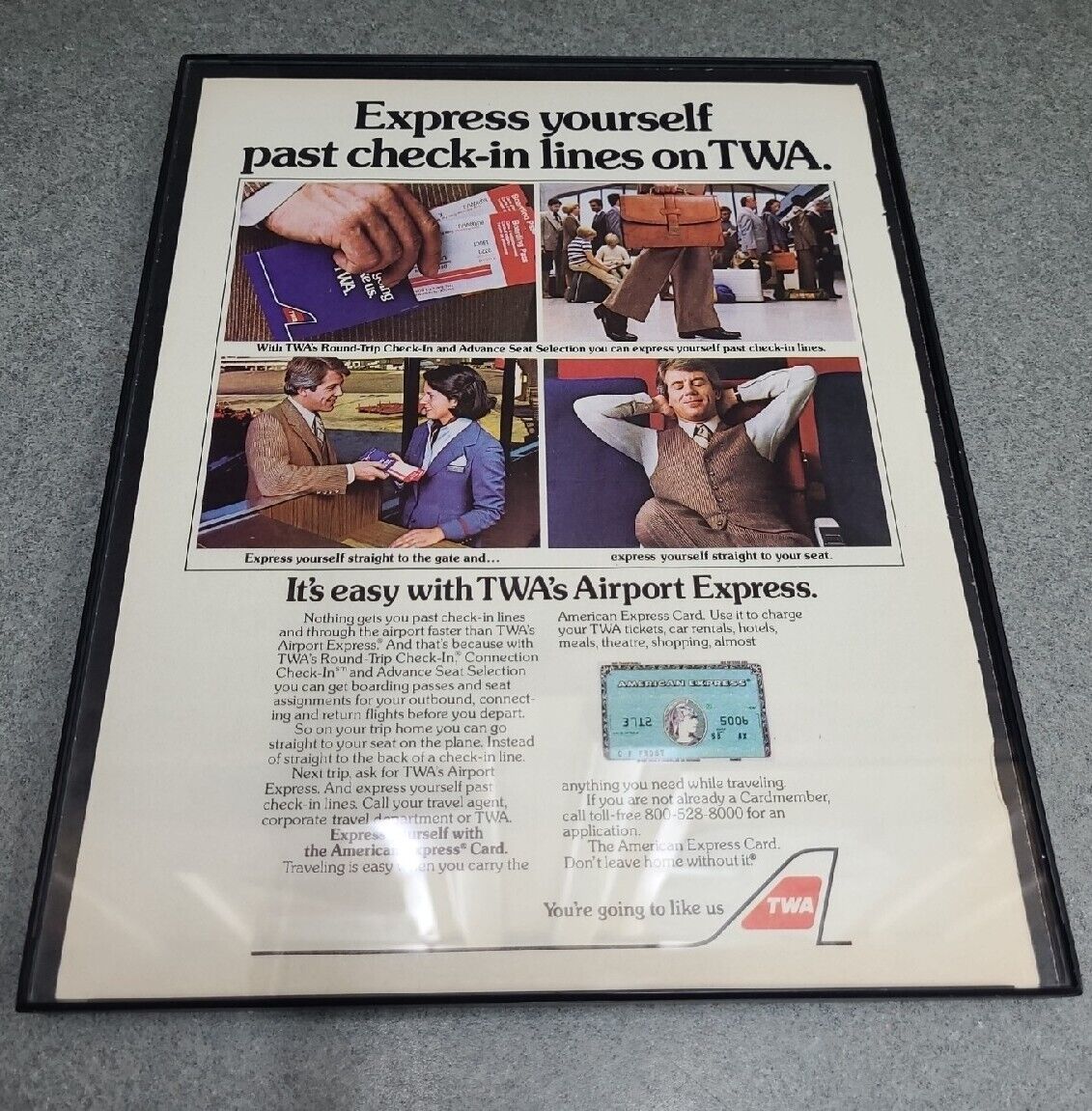 1982 TWA: Express Yourself Past Check In Lines Vintage Print Ad Framed 8.5x11 