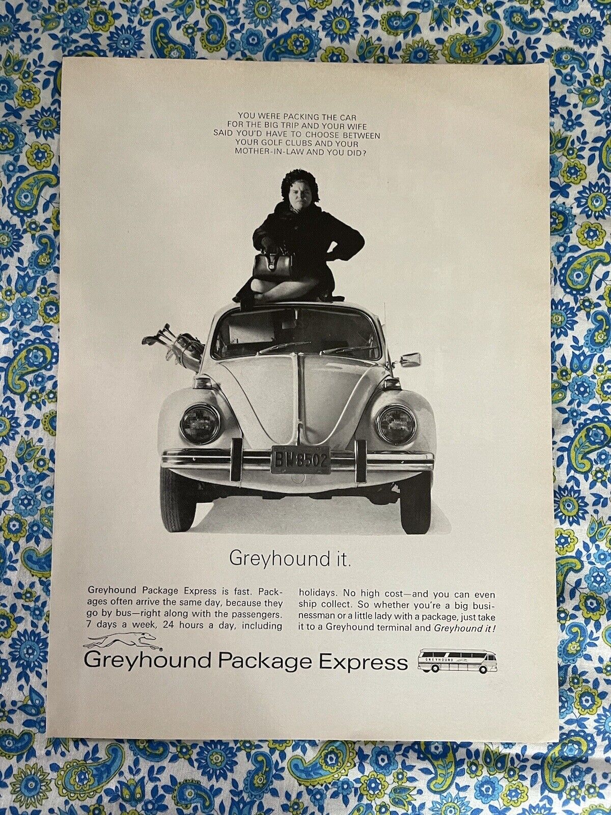 Vintage 1970 Greyhound Package Express Print Ad Volkswagen Beetle