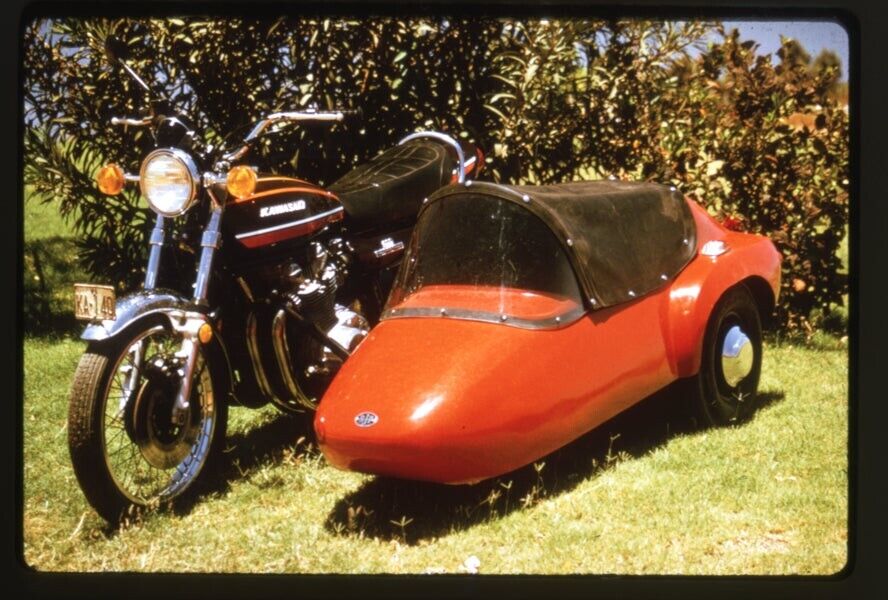Vintage Kawasaki Motorcycle and Covered Red Side Car Original 35mm Transparency 