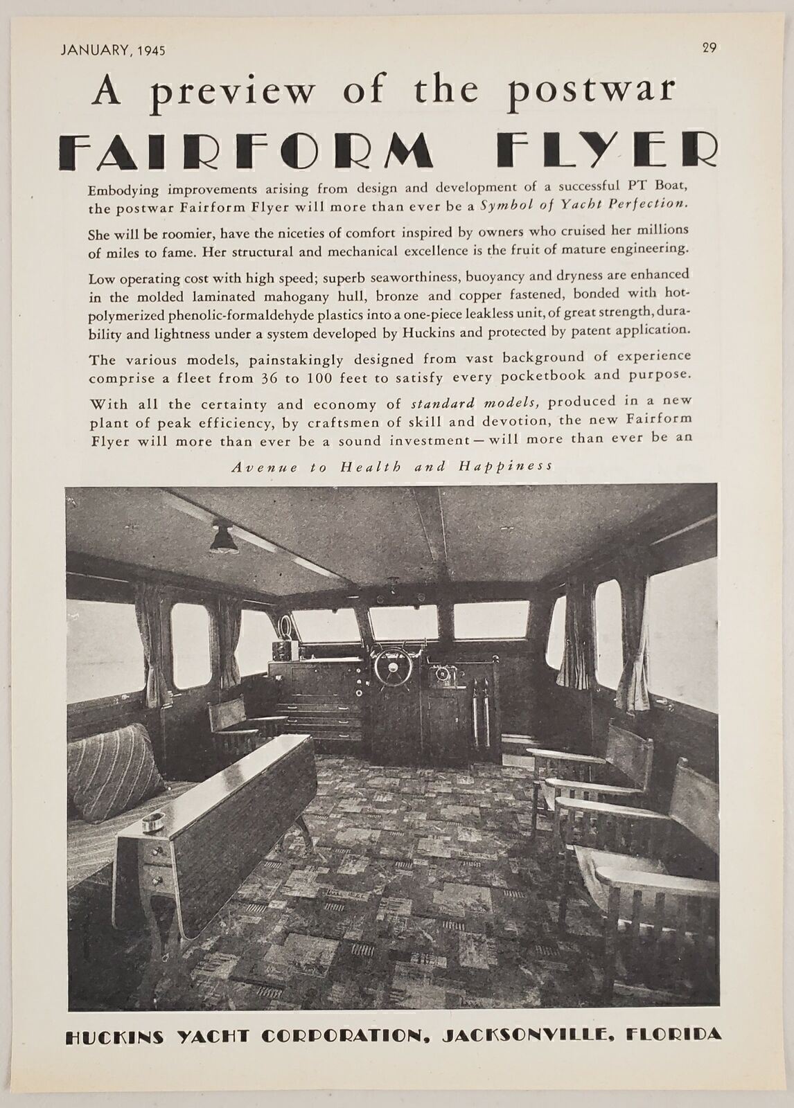 1945 Print Ad Huckins Fairform Flyer Yacht Interior Jacksonville,Florida