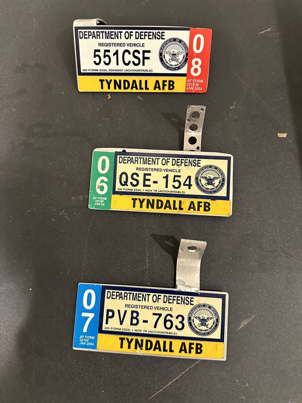 3 DEPARTMENT OF DEFENSE License Plates Motorcycle Military Tyndall AFB Airforce