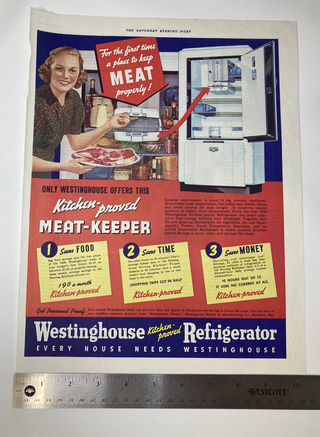 VINTAGE 1938 Print Ad Westinghouse Refrigerator Meat-Keeper Kitchen 10x14\