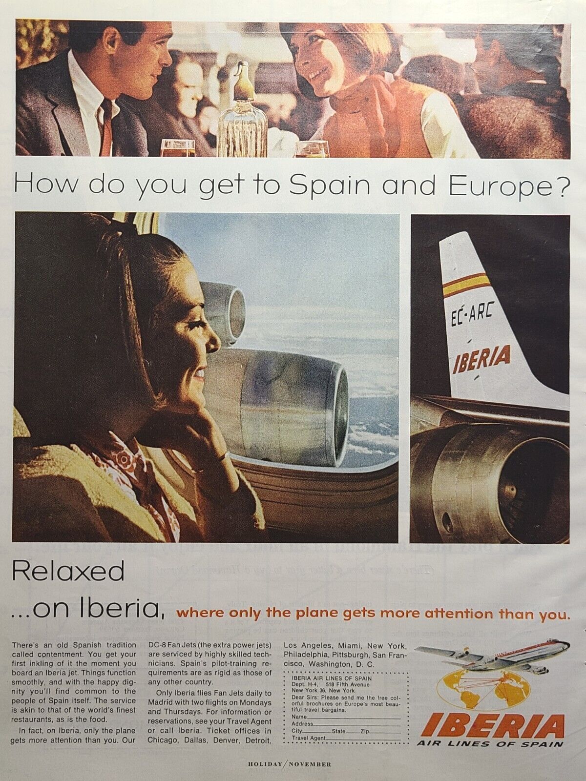 Iberia Air Lines Of Spain Europe DC-8 Fan Jets Window Seat Vintage Print Ad 1965