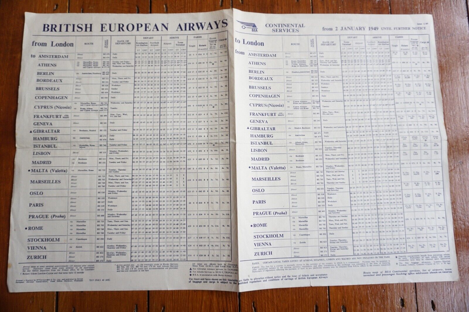 1949 BEA Continental Services Airline Timetable Schedule  