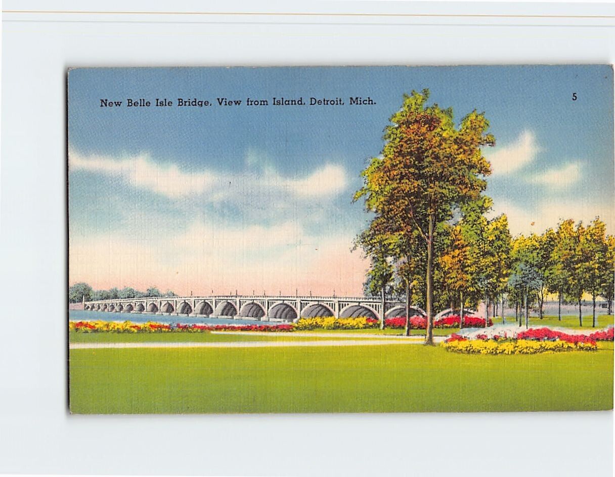 Postcard Belle Isle Bridge View from Island Detroit Michigan USA