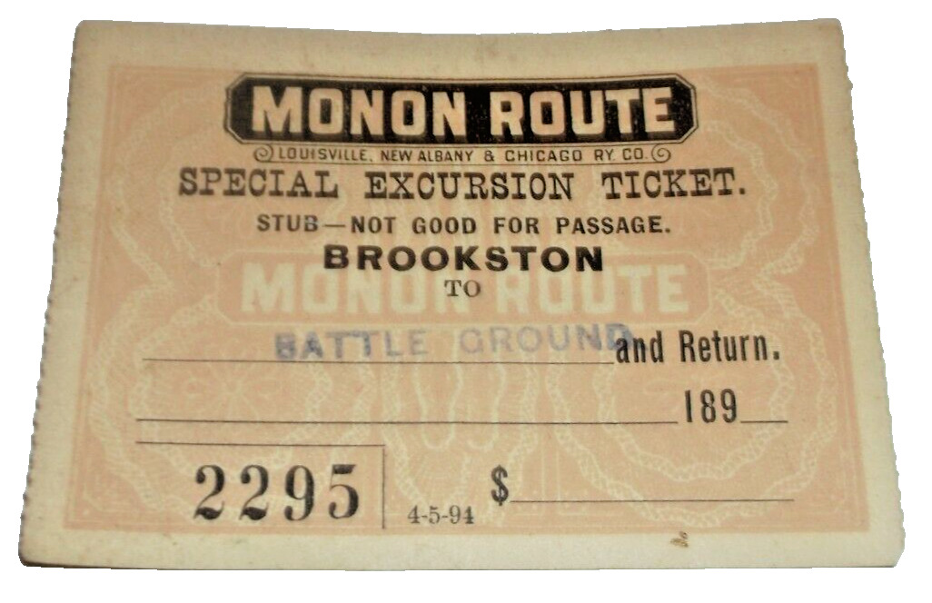 AUGUST 1894 MONON RAILROAD USED SPECIAL EXCURSION TICKET LNA&C BROOKSTON INDIANA