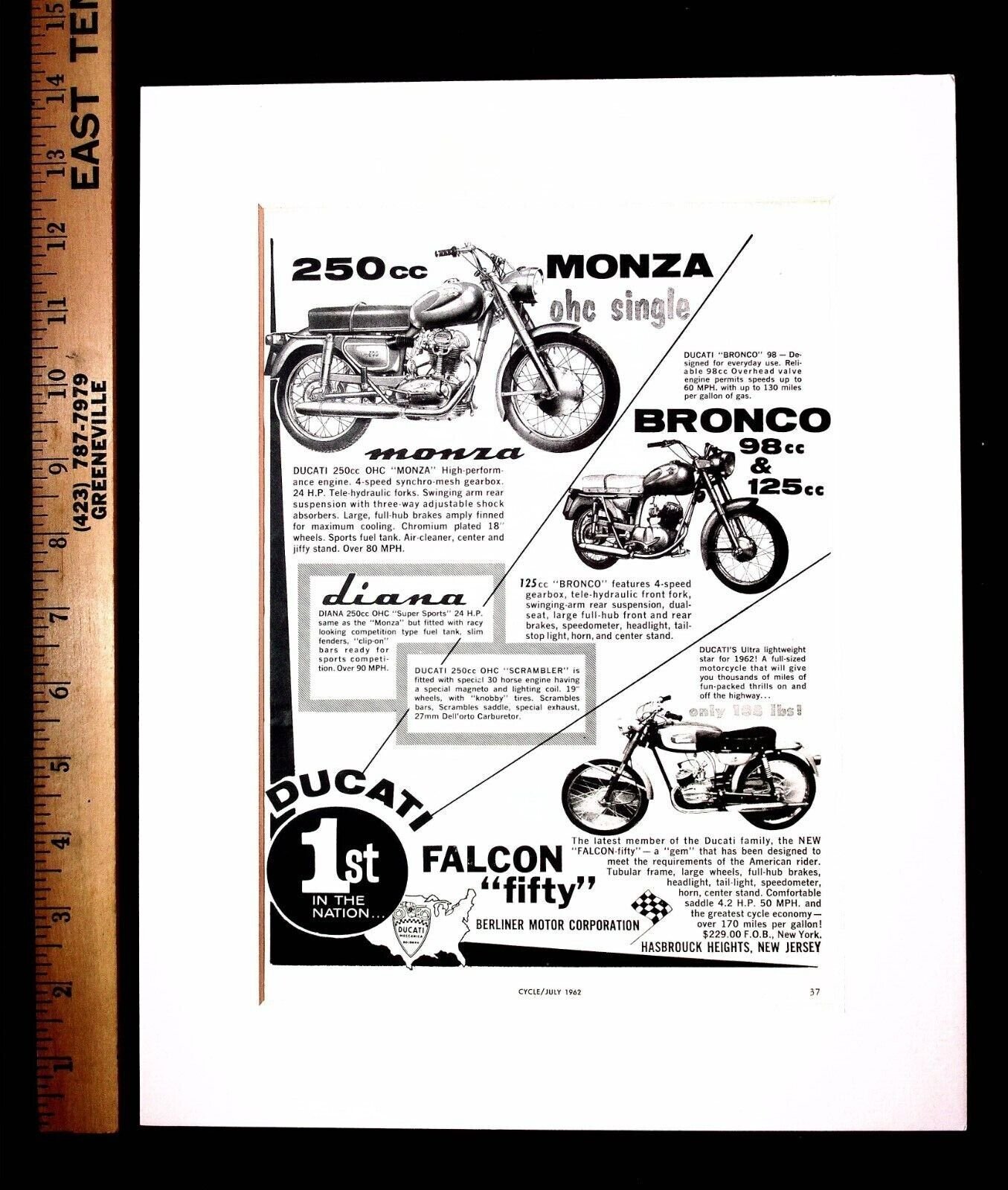 1962 Ducati Monza Bronco & Falcon 50 Vintage Motorcycle Ad Matted & Frame-Ready