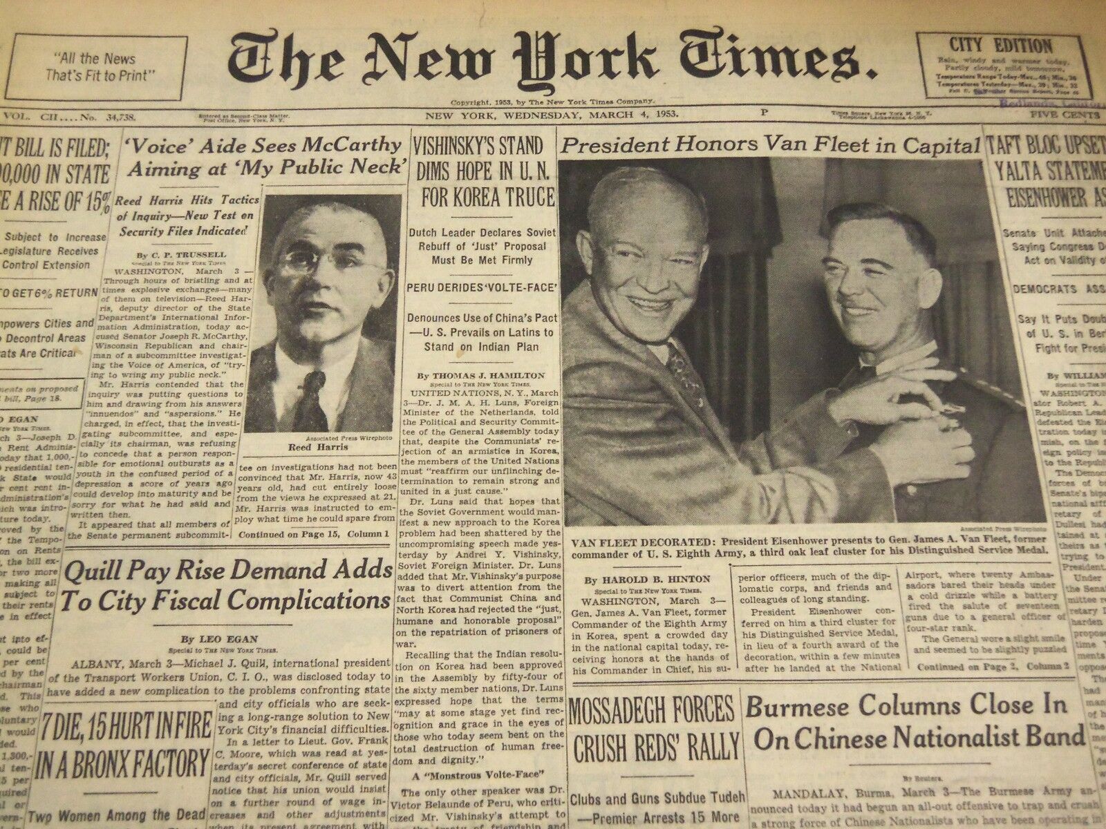 1953 MARCH 4 NEW YORK TIMES - REED HARRIS HITS MCCARTHY TACTICS - NT 4662