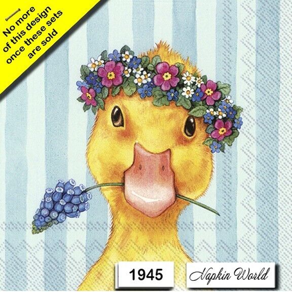 (1945) TWO Paper LUNCHEON Decoupage Art Craft Napkins - DUCK DUCKLING SPRING