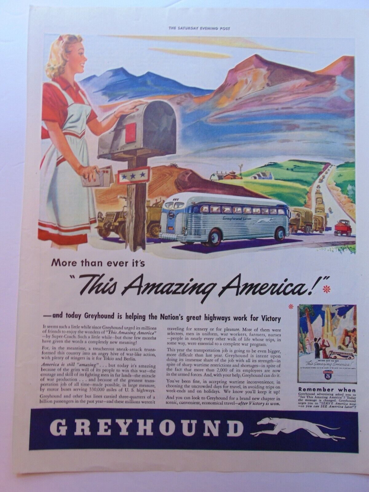 1943 GREYHOUND BUS Mail Delivery War Effort vintage art print ad