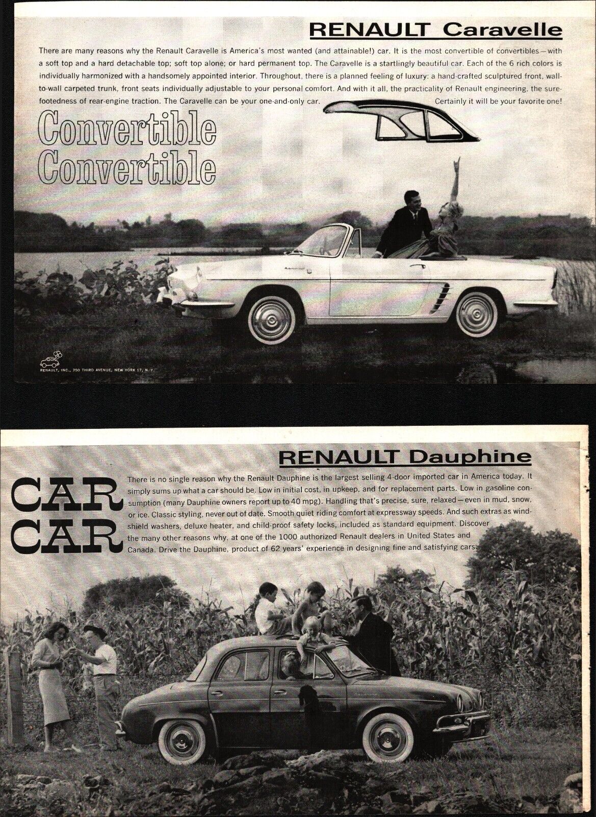 2-1960 Renault Dauphine & Caravelle Print Ads NOSTALGIC D2