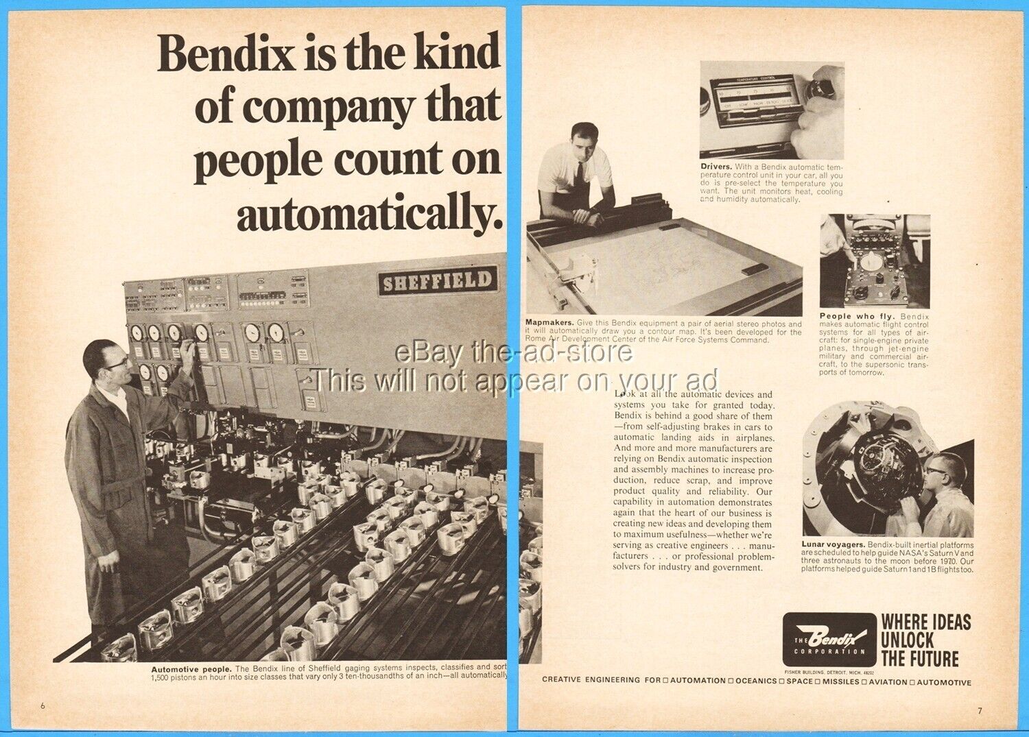 1967 Bendix Sheffield Pistons Aircraft Automatic Flight Control NASA Saturn Ad