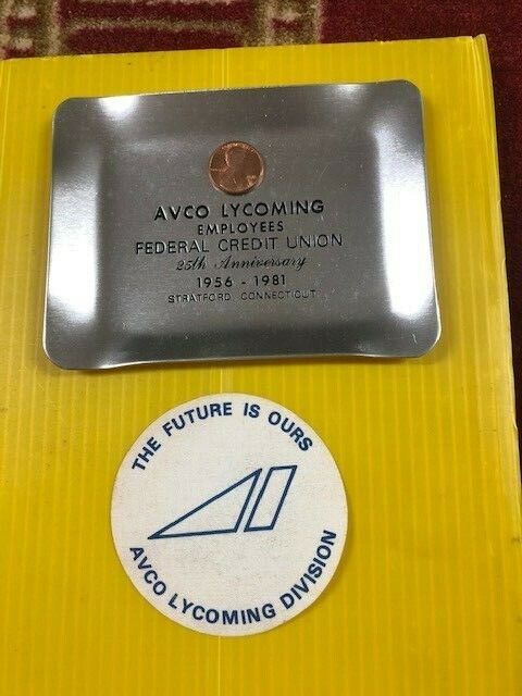 VINTAGE AVCO LYCOMING METAL DISH AND STICKER FEDERAL CREDIT UNION  1956-1981