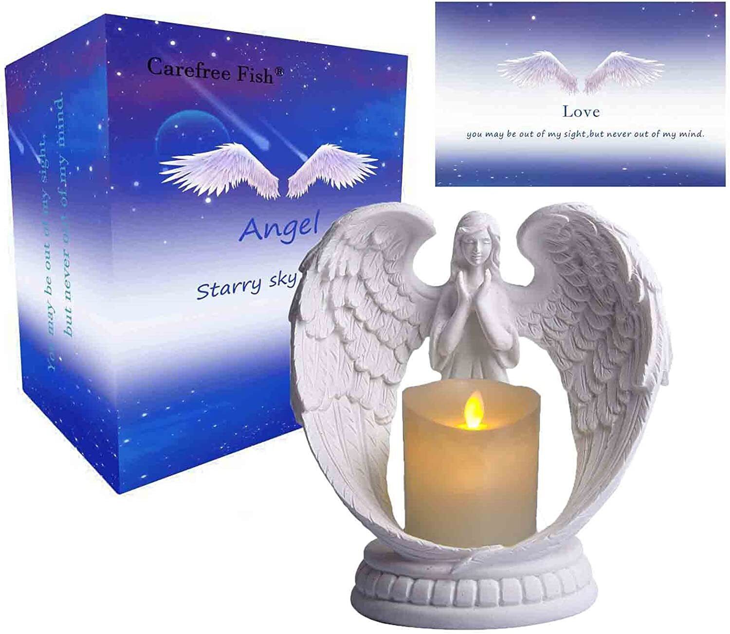 Starry Sky White Angel Wing Praying Sandstone Statue Figurine Prayer Home LED