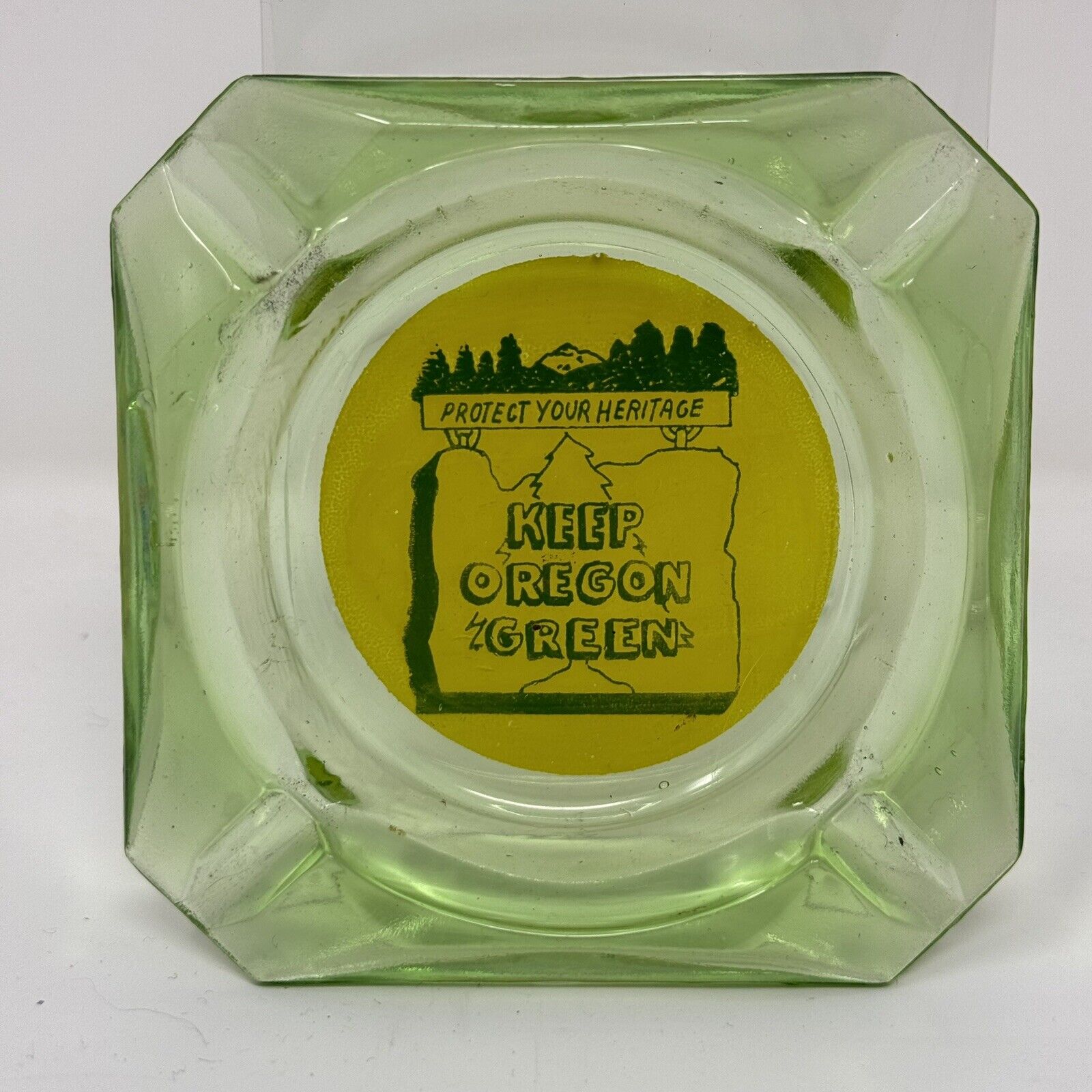 Vintage Keep Oregon Green Advertising Ashtray - Rare Green Glass Version
