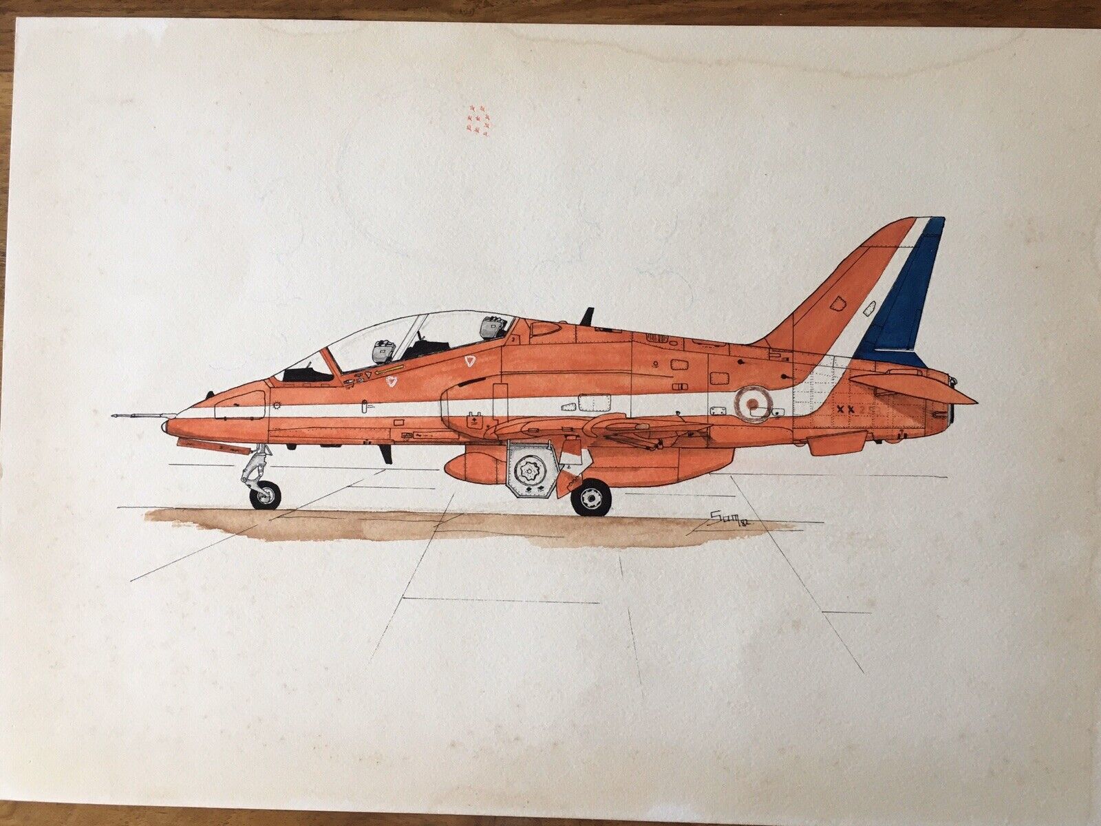 Aviation Art Ink & Watercolour Original - Red Arrows Hawk - artist signed