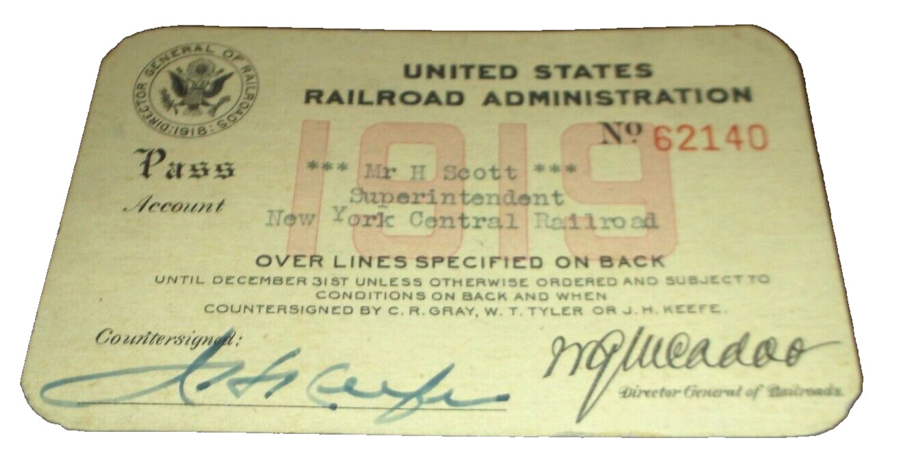 1919 NEW YORK CENTRAL RAILROAD NYC EMPLOYEE PASS #62140 U.S.R.A. ISSUE