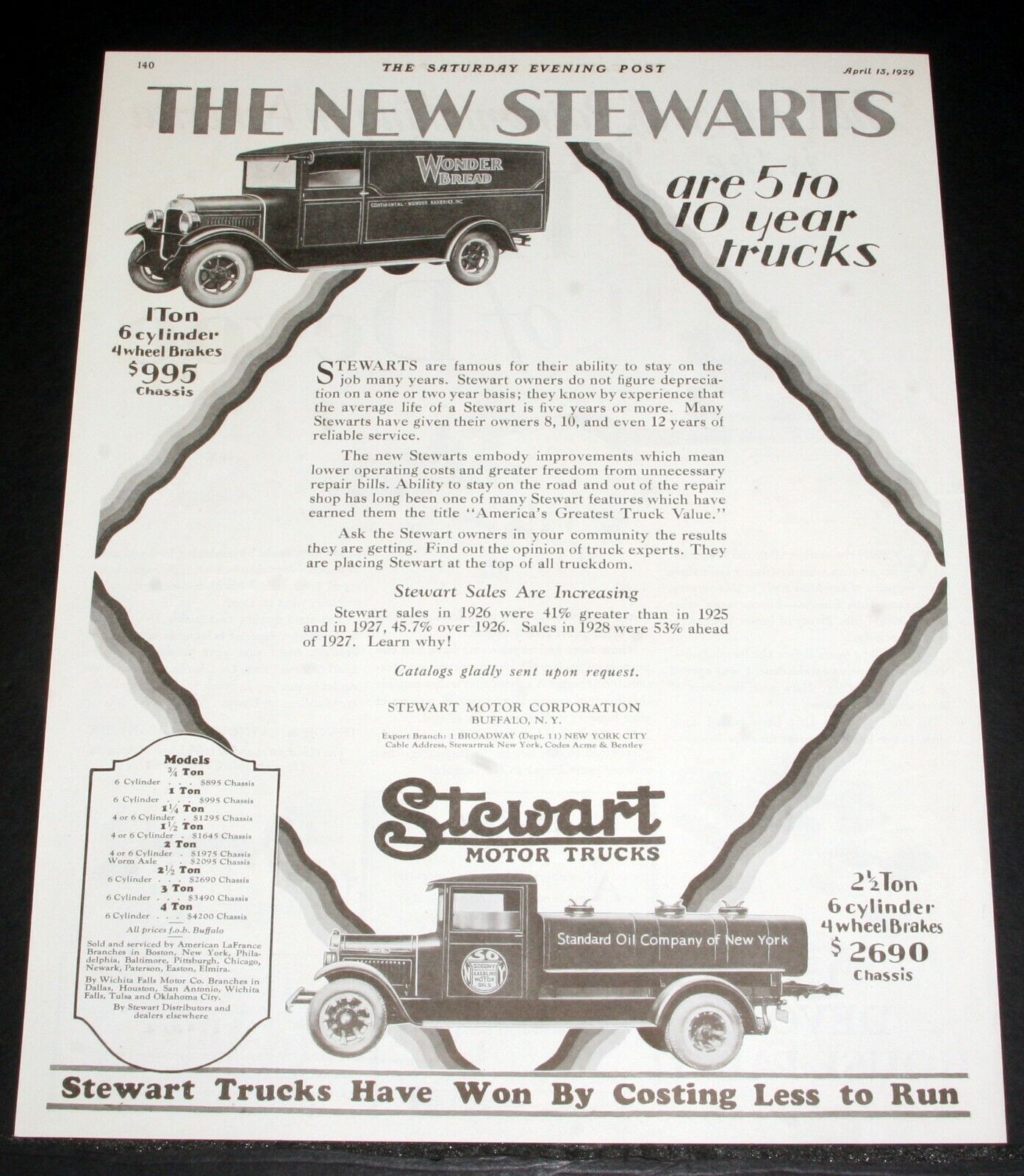 1929 OLD MAGAZINE PRINT AD, NEW STEWART MOTOR TRUCKS, ARE 5 TO 10 YEAR TRUCKS
