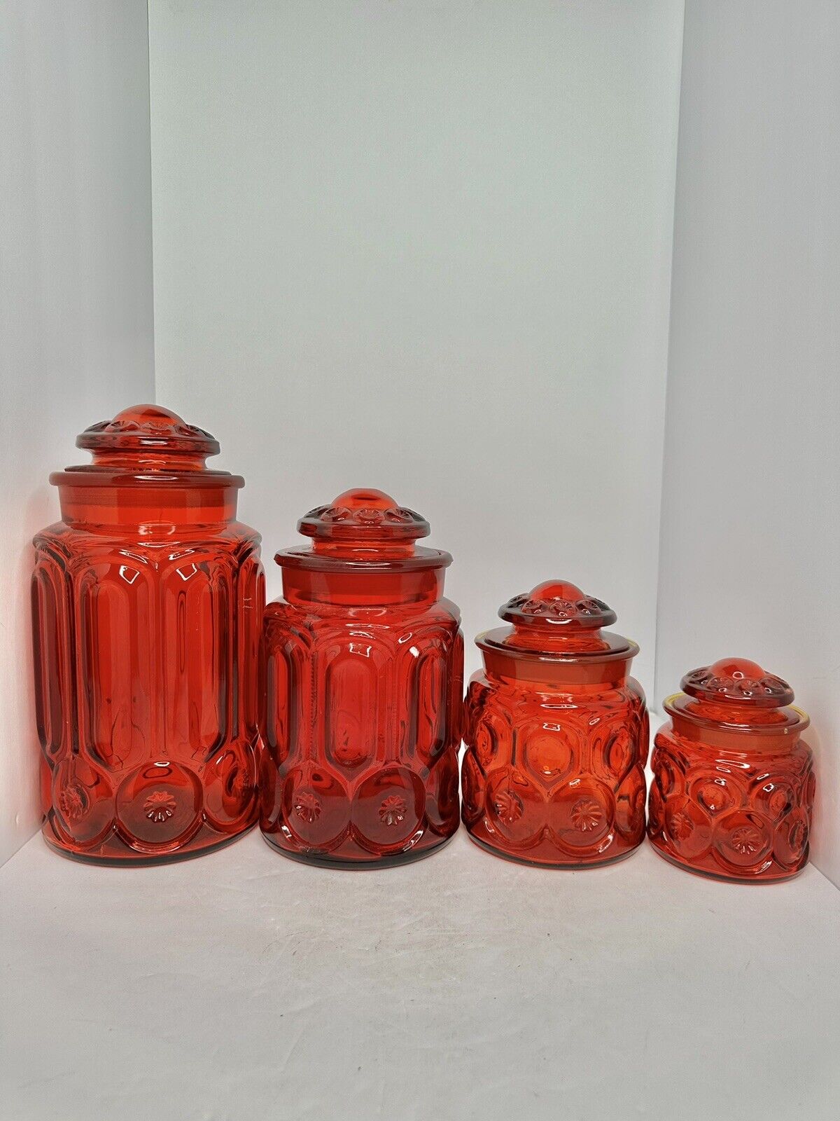 4pcs Vintage MCM LE Smith Amberina Glass Moon and Stars Canisters w/lids