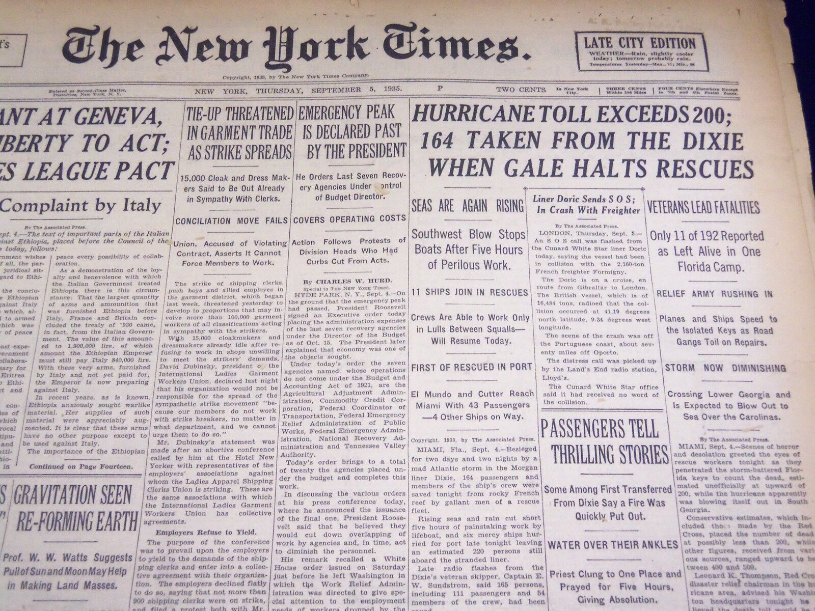 1935 SEPT 5 NEW YORK TIMES - HURRICANE TOLL EXCEEDS 200 - DIXIE SAFE - NT 1978