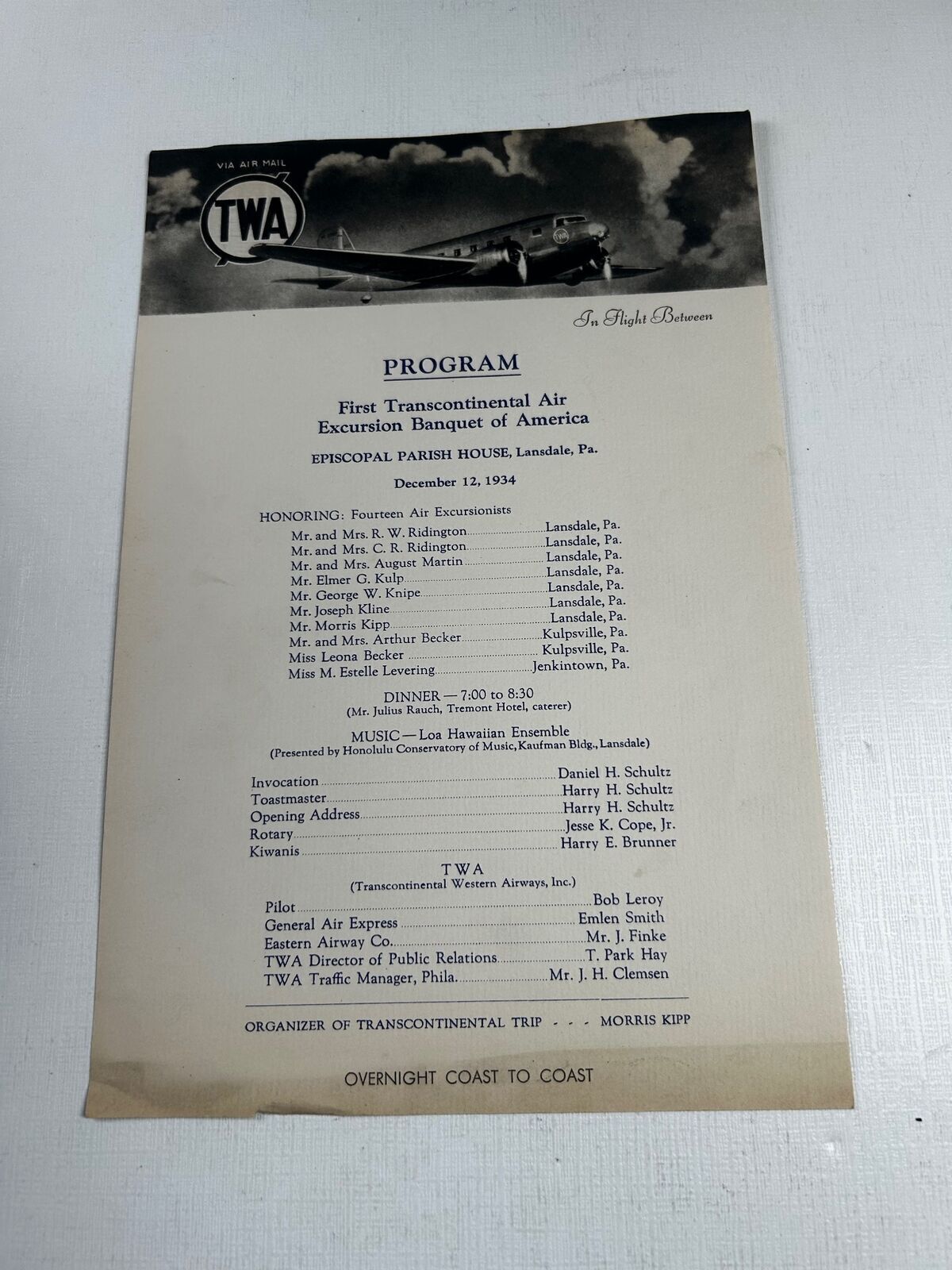TWA Airline Program Air Excursion Banquet Lansdale PA Dec 12 1934