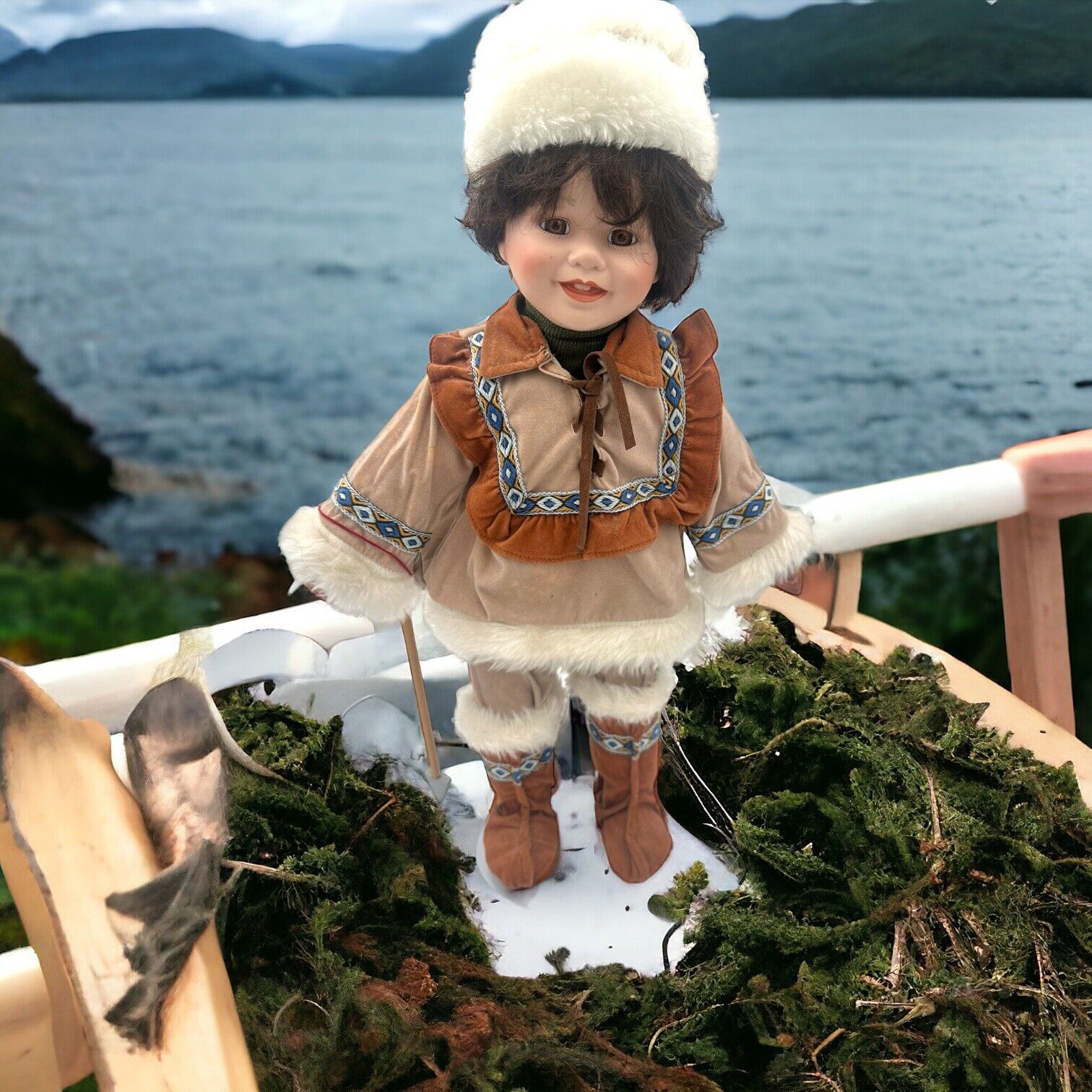Rare American Alaskan Inuit Doll 15” Porcelain Cotton Body Collectible Spear Hat