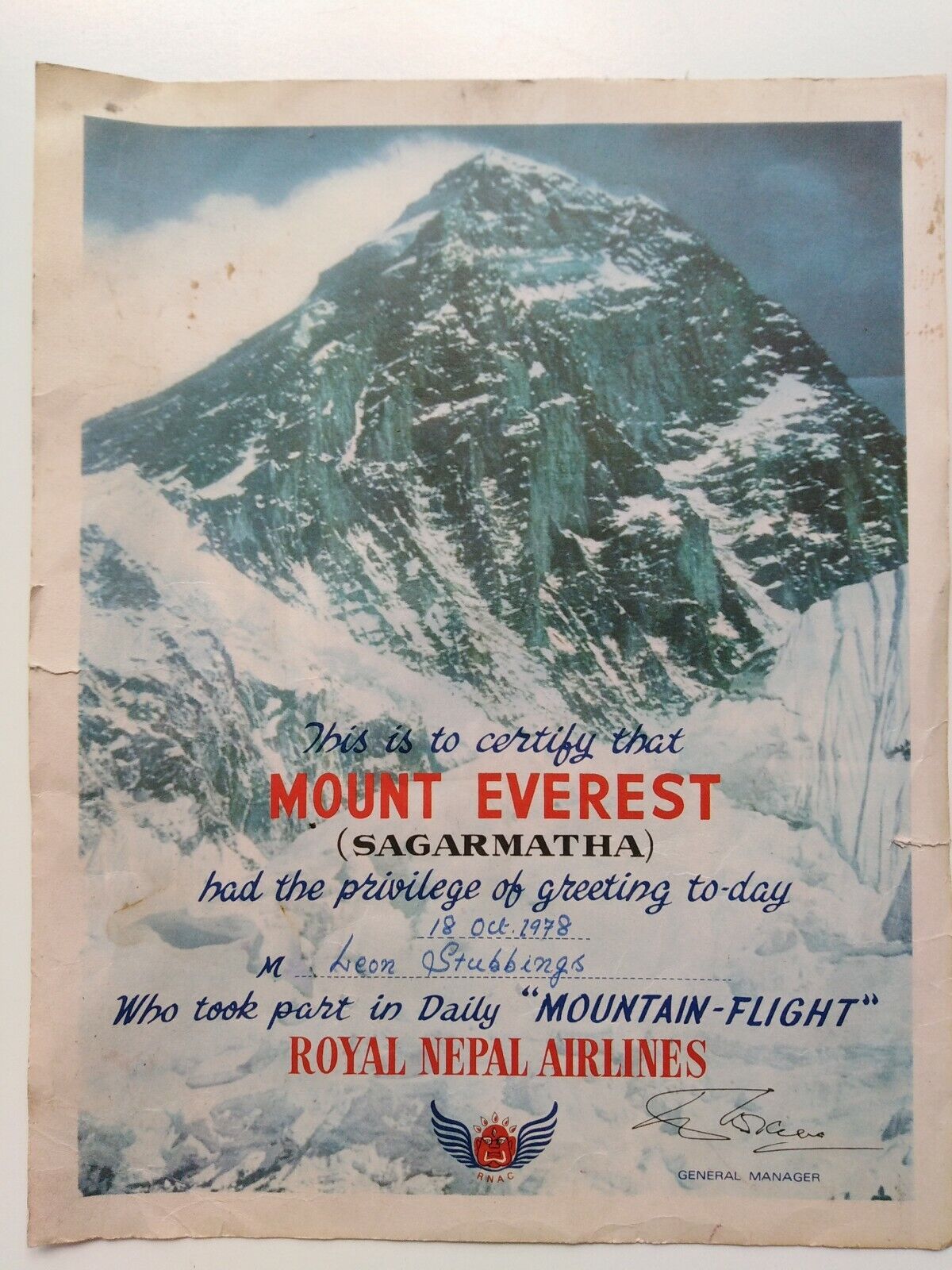 Airlines memorabilia, Royal Nepal Airlines Mount Everest flight