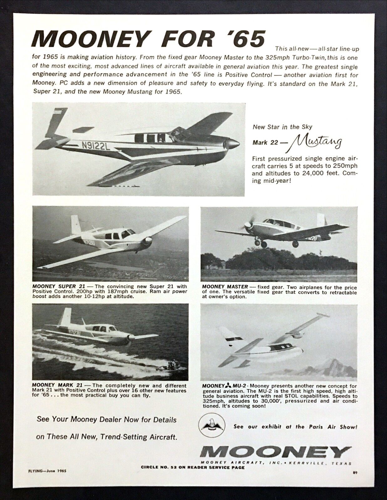 1965 Mooney Mark 22 Mustang Super& Mark 21 Master & MU-2 Airplane photo print ad
