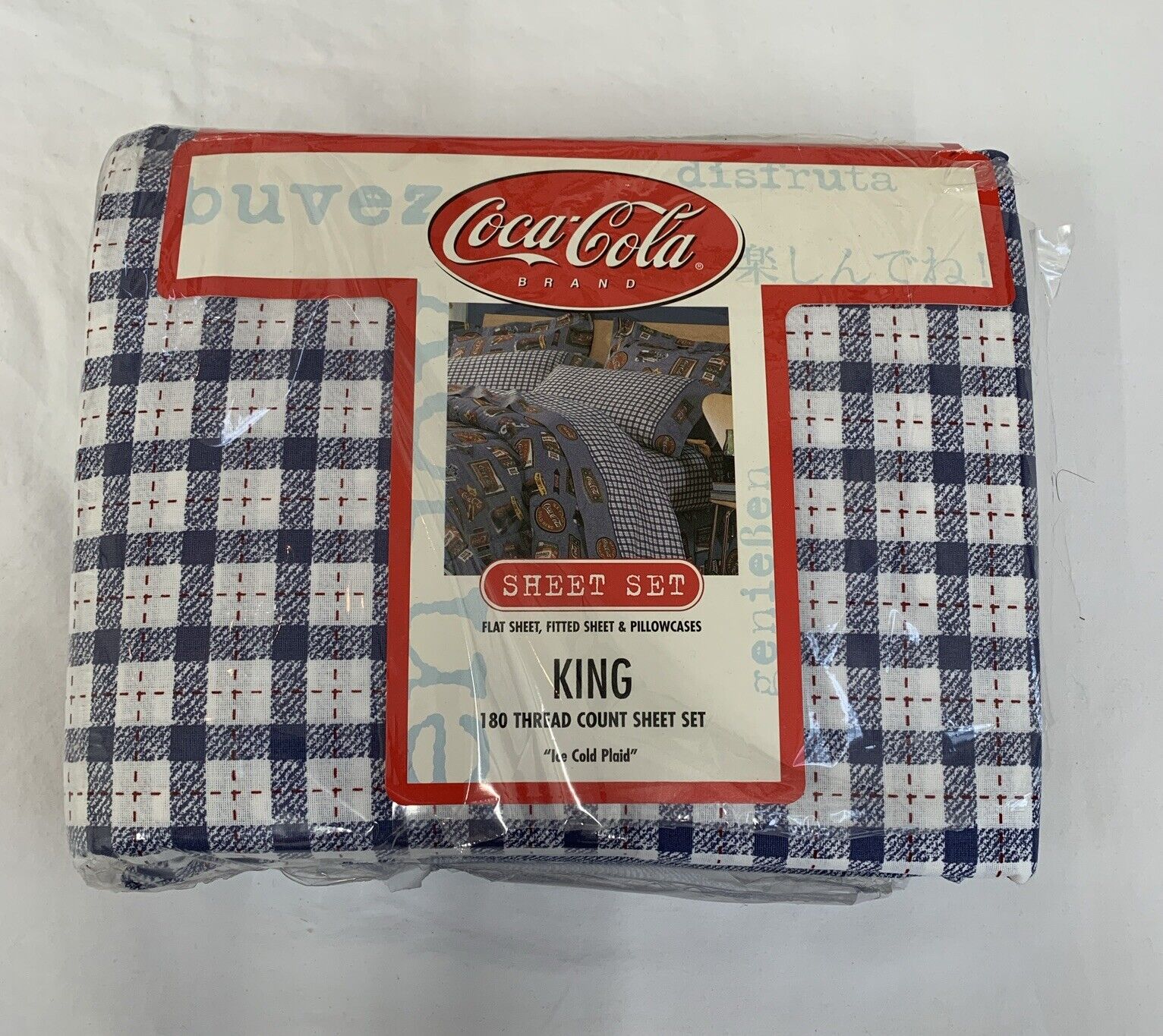 NEW Coca Cola King Sheet Set - Flat sheet, fitted sheet + 2 pillowcases NOS    Z