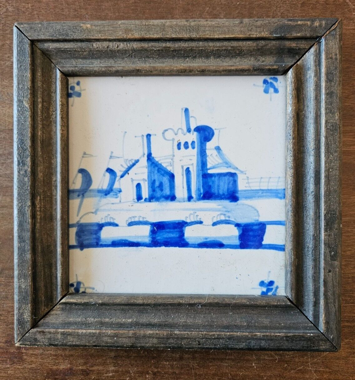 18th Antique Dutch Delft Blue Framed Tile Ships Palace Scenery