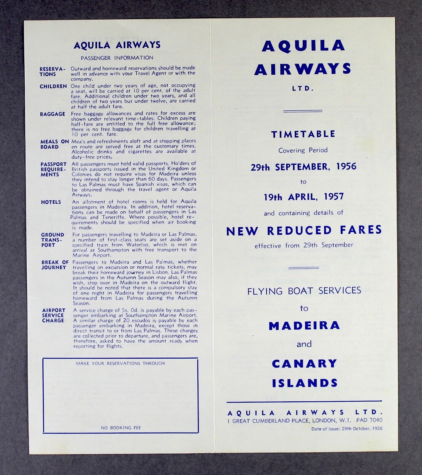 AQUILA AIRWAYS AIRLINE TIMETABLE MADEIRA & CANARIES AUTUMN WINTER 1956/57 SOLENT