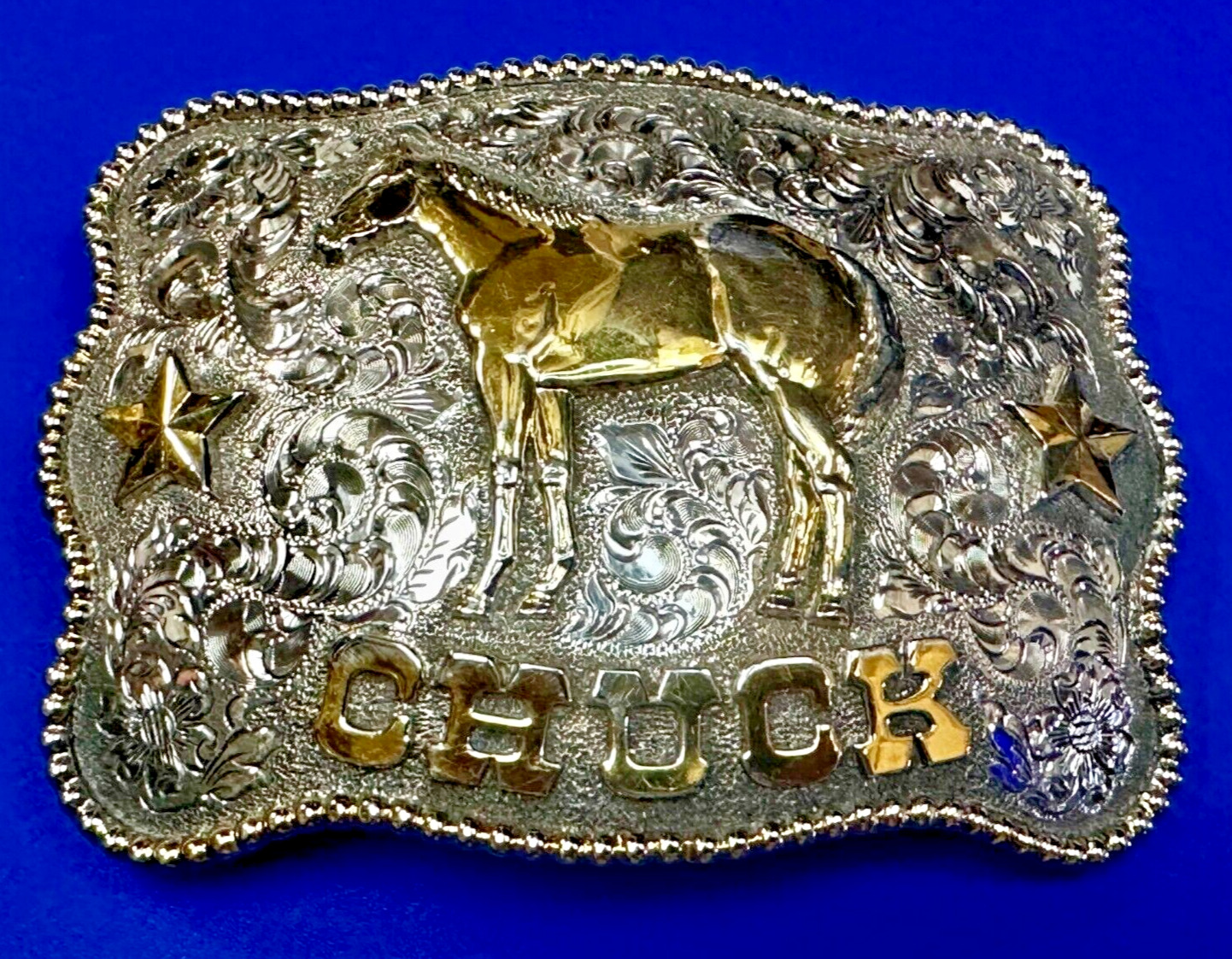 Horse Trophy Chuck Custom Sterling Silver & 14K Gold with 24K G.P. Belt Buckle