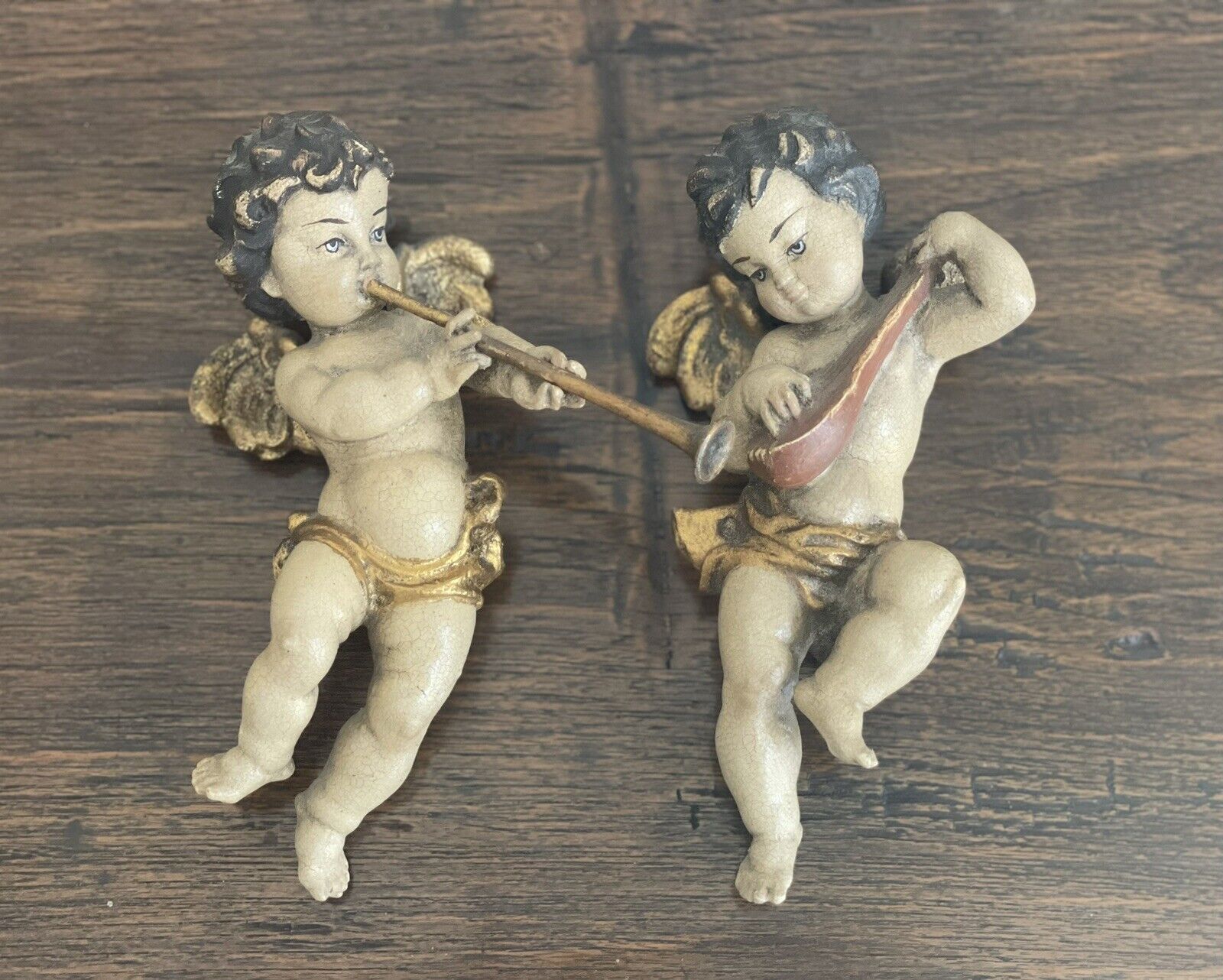 2 Vintage 8” Polychrome Carved Putto Cherubs Wall Hangings Figurines Italy Anri?