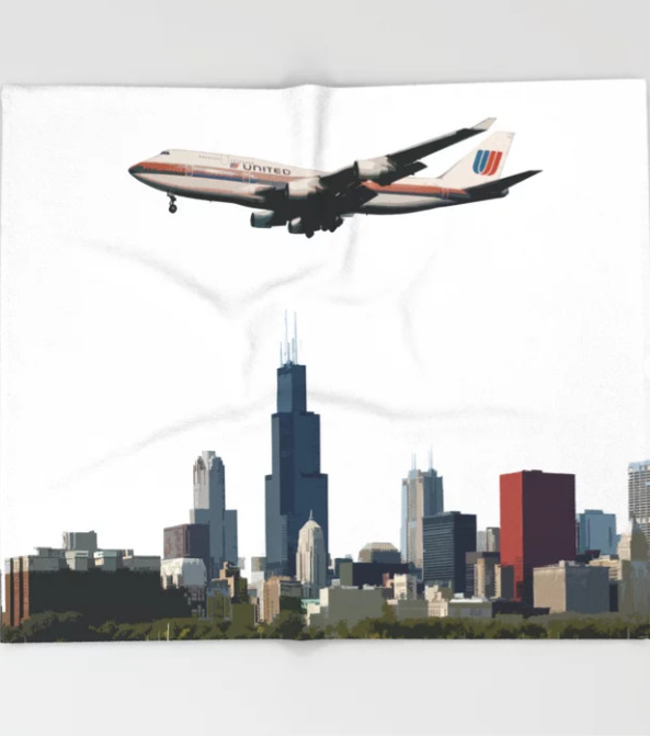 United Airlines Boeing 747 over Chicago Art - 51x60 Throw Blanket