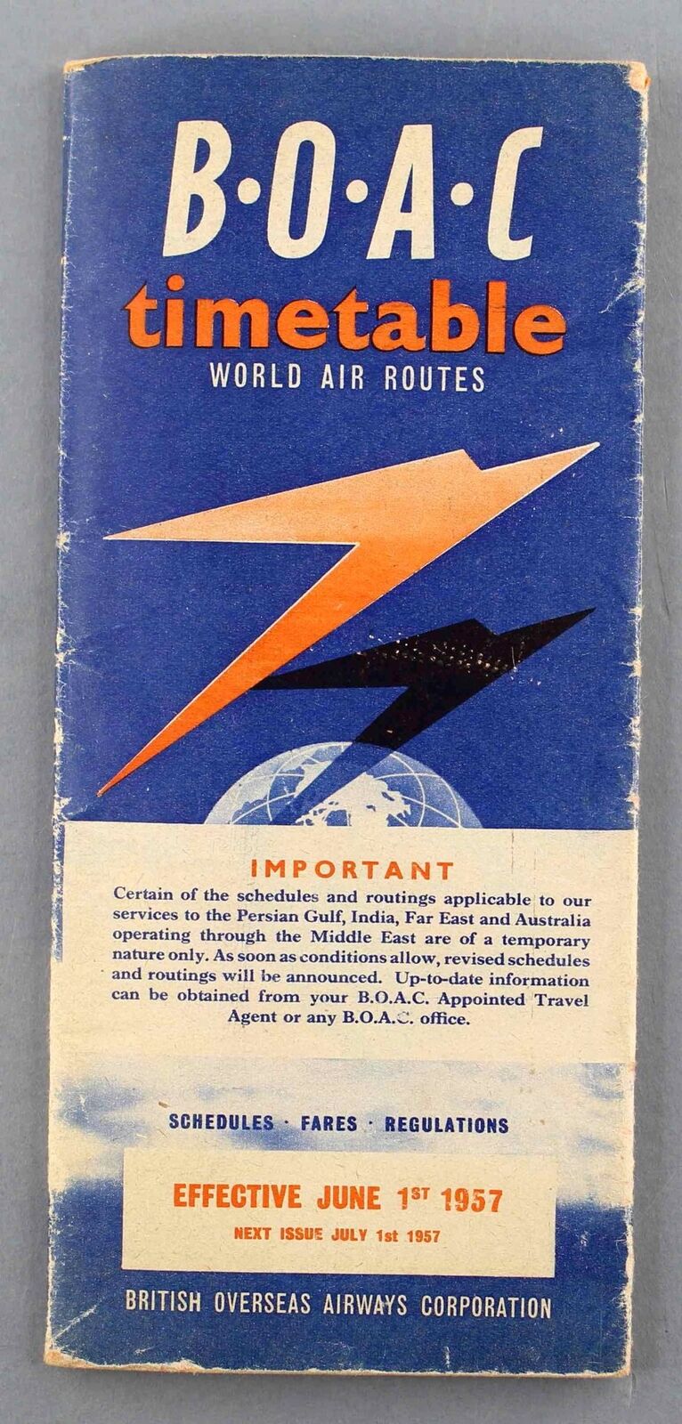 BOAC AIRLINE TIMETABLE JUNE 1957 B.O.A.C. ROUTE MAP