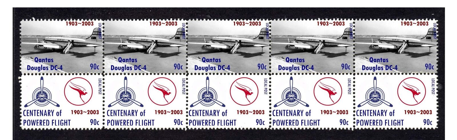 QANTAS CENTENARY OF FLIGHT STRIP OF 10 MINT VIGNETTE STAMPS, DOUGLAS DC-4