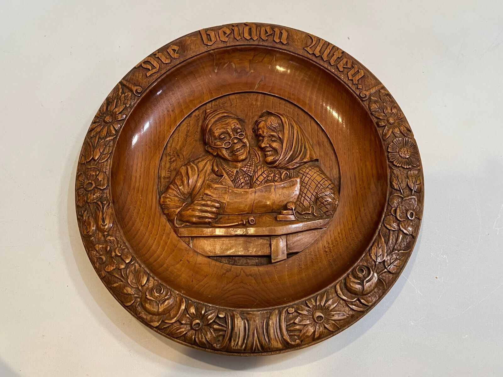 Vintage Swiss Hand Carved Round Wooden Wall Plaques \