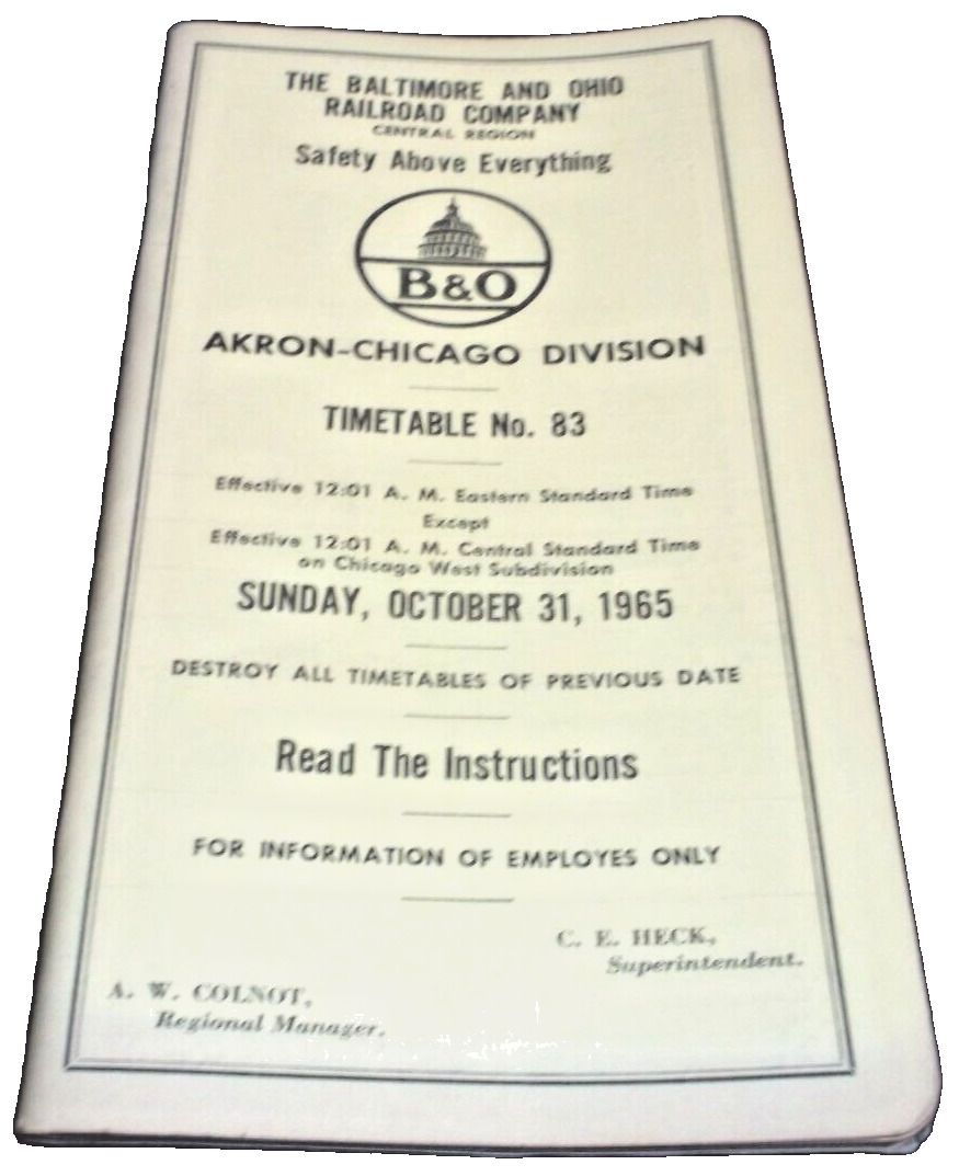 OCTOBER 1965 BALTIMORE & OHIO B&O AKRON CHICAGO DIVISION EMPLOYEE TIMETABLE #83