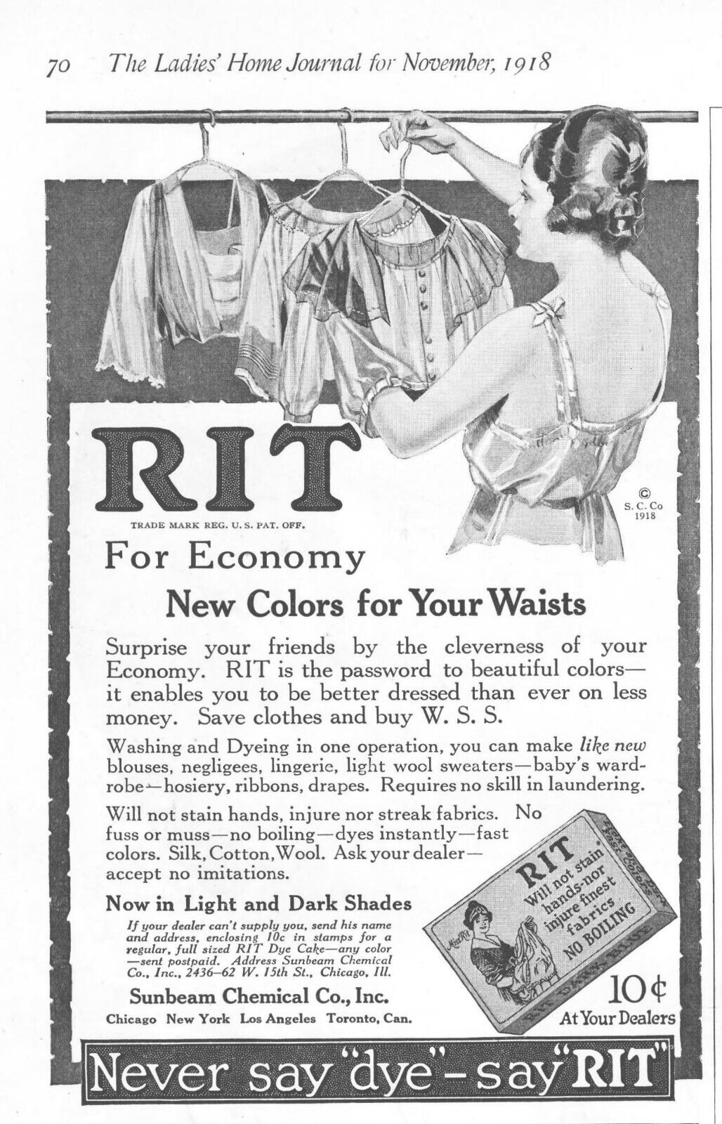 1918 Rit Fabric Dye Antique Print Ad WW1 Era For Economy New Colors For Waists