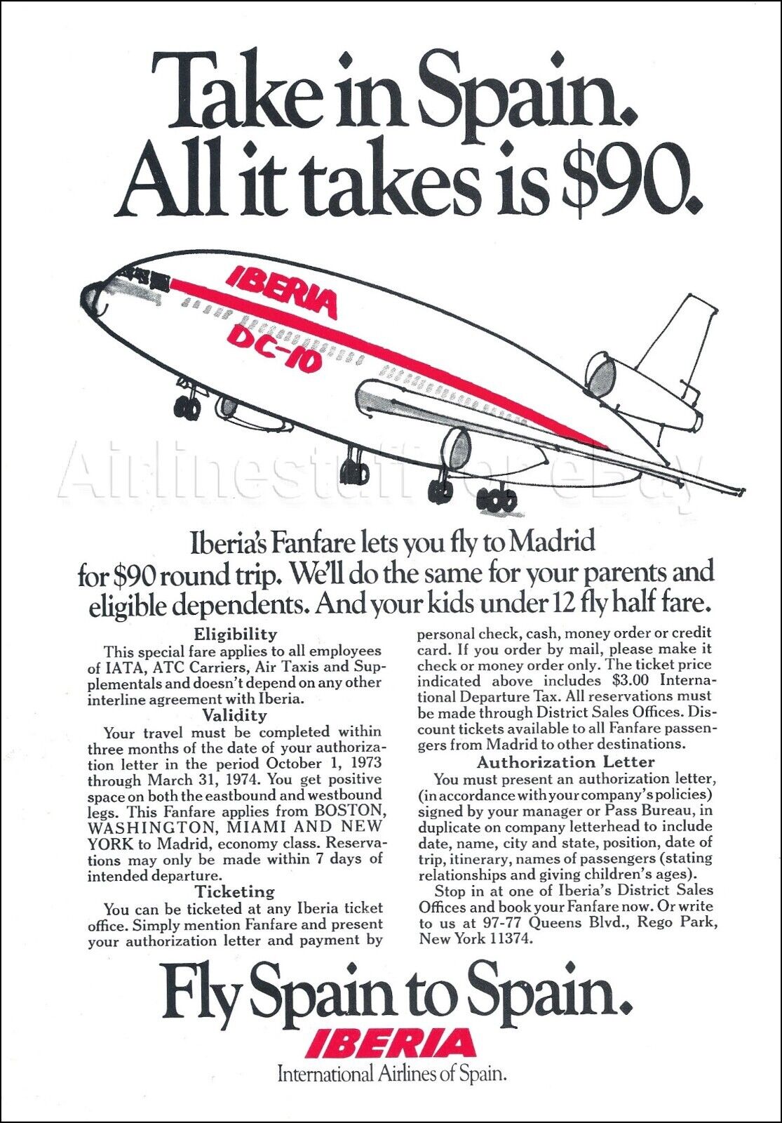 1974 IBERIA Airlines McDONNELL DOUGLAS DC-10 ad MADRID FANFARE advert airways