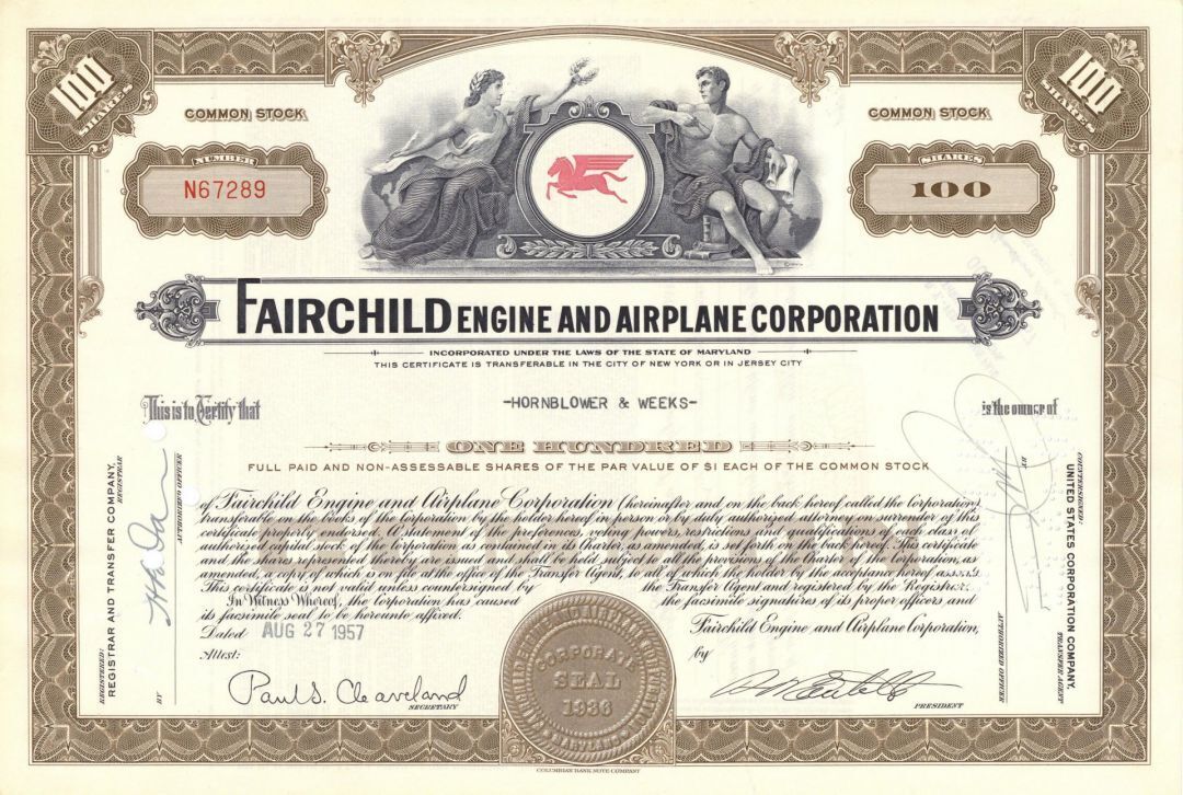Fairchild Engine & Airplane Corporation - 1950\'s dated Aviation Stock Certificat