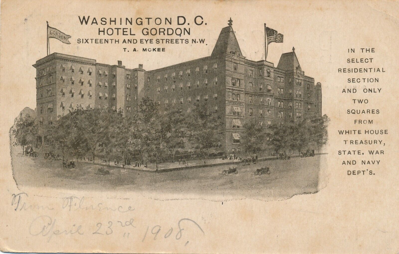 Hotel Gordon in Washington D.C. 16th and Eye Streets NW 1908 postcard