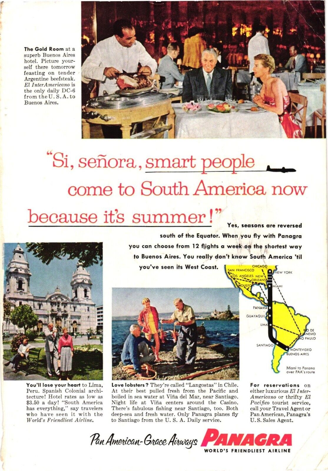 1955 Pan American Airways Panagra Travel to South America Print Ad Vintage