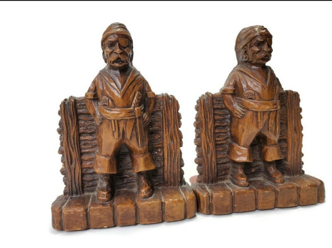 Vtg 40\'s Ornawood Pirate Wood Bookends 
