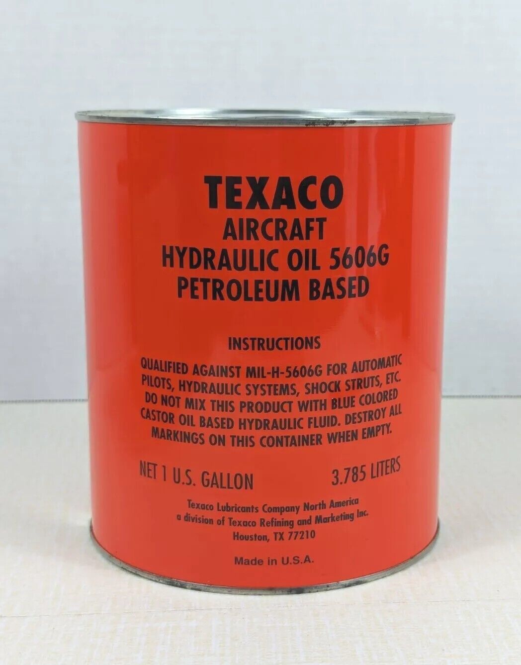 Vtg TEXACO AIRCRAFT HYDRAULIC OIL 5606G 1 GALLON CAN Full Nice Condition Rare