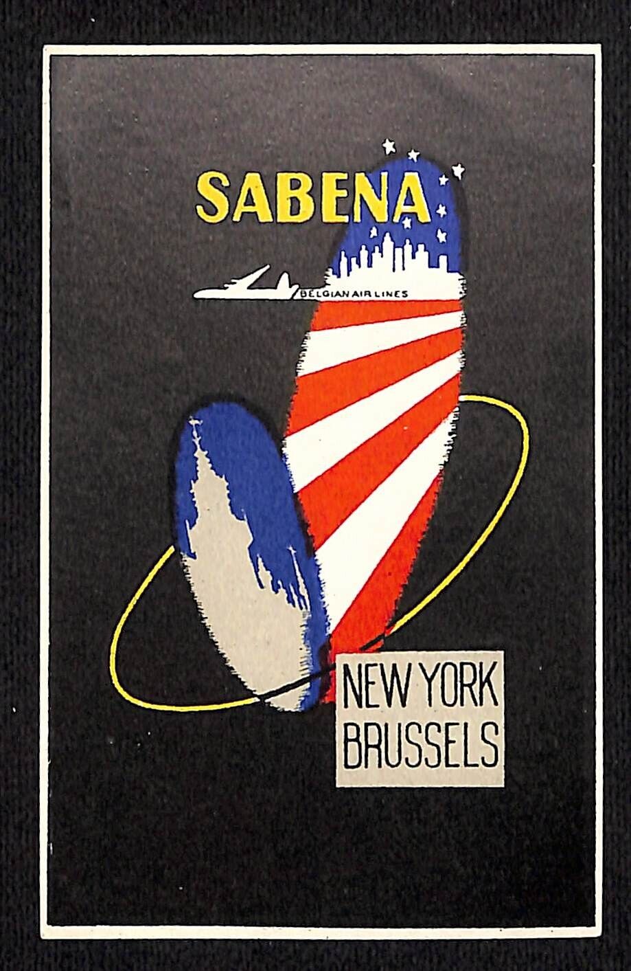 Sabena Belgian Airlines Bruxelles New York Luggage Label w/ Skyline Flag Scarce