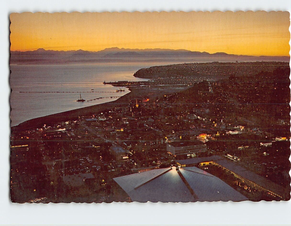 Postcard Seattle at sunset looking west from the Space Needle, Seattle, WA